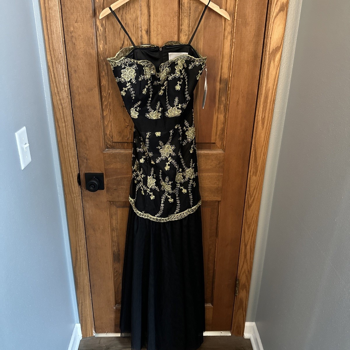 slim fit dress slacks Elegant Black Gold Strap Layered Puffy Ruffle Satin Dress M / Black main image 1