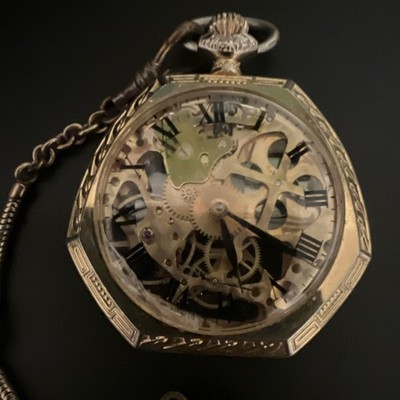 17  Jewels Swiss Made Mechanical Skeleton Gold Pocket Watch Roman Numerals 