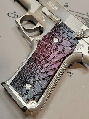 S&W 645 Grips Obsidian Void Hex Texture Abysial Red / Burnt Titanium Blue Color 