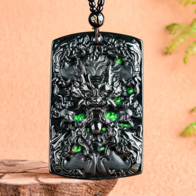 Certified Green Black Burma Natural A Jade jadeite Dragon Lucky Pendant Necklace