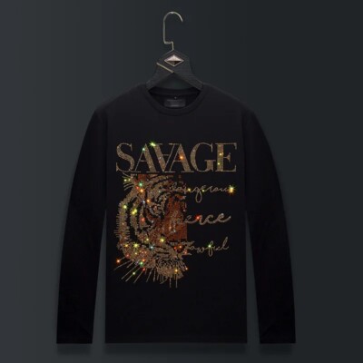 Fashion Tiger Trend Rhinestone Long Sleeve Luxury  Men T-Shirt Plus Size 6XL
