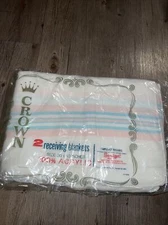 Vintage 2 Baby Receiving Blankets White Pink Blue Stripe Acrylic 30 X40 USA NEW