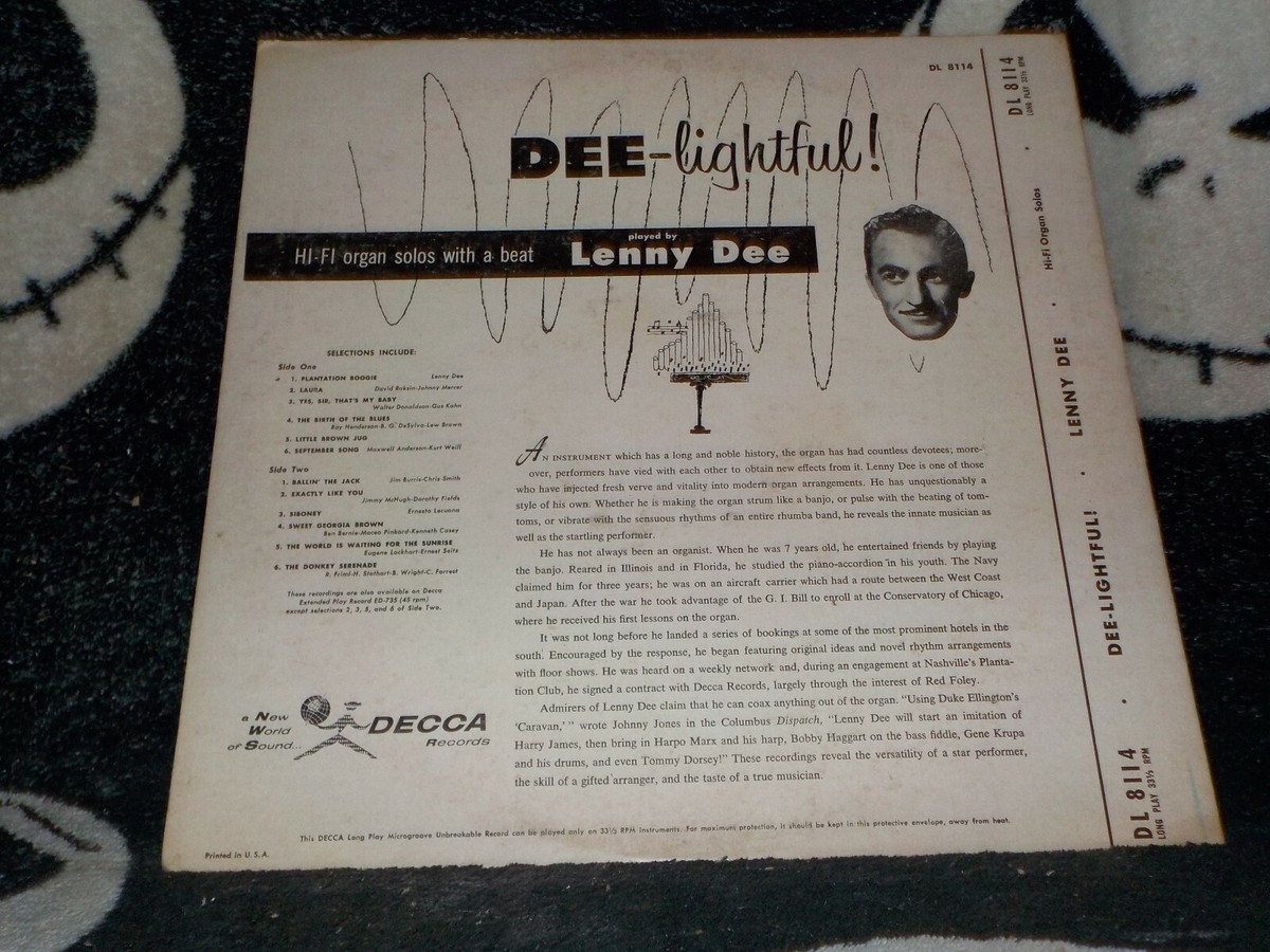Lenny Dee Dee-lightful! LP Record DL 8114 Free Ship $350 | eBay