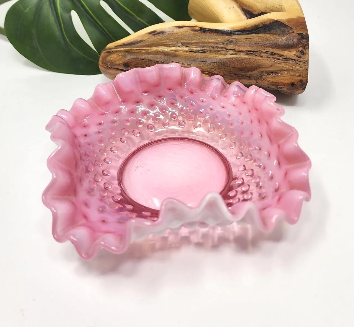 Vintage Fenton Cranberry Pink Opalescent Hobnail Ruffled Rim