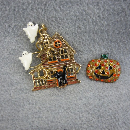 Halloween Haunted House Gold Tone & Rhinestone Jack O Lantern Brooch ...