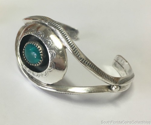 Native American C. Martinez Green Agate Bangle Bracelet Sterling Silver 7" - 第 4/7 張圖片