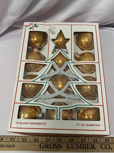 1 Box Of 12 Holly Glass Christmas Ball Ornaments Decorations - GOLD - 2 1/4-inch - Picture 8 of 8