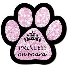 Princess on Board Pink Sparkly Pawprint Car Magnet 5" Paw Print Auto Truck Decal