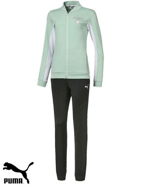 NEU Mädchen Puma Logo neuwertig grün und schwarz ''''Poly'''' Polyester Trainingsanzug 2 Stück