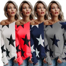 Summer Women Off Shoulder Long Sleeve Pullover Loose Blouse Tops T Shirts S-XL