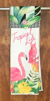 ''TROPICAL LIFE'' FLAMINGO PINK & GREEN PRINT HANDMADE HANGING KITCHEN HAND TOWEL