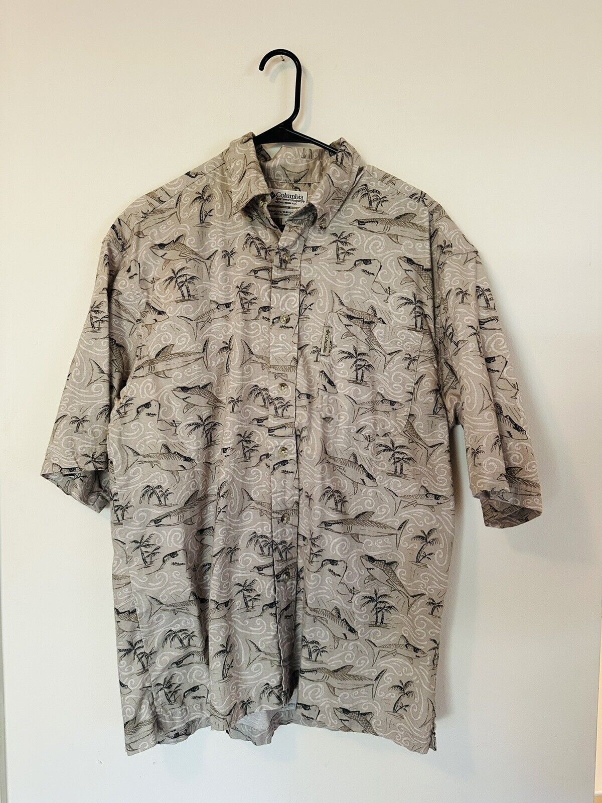 Columbia Men's Camp Aloha Hawaiian Shirt with Sharks, Sunglasses & Martini Palm Print