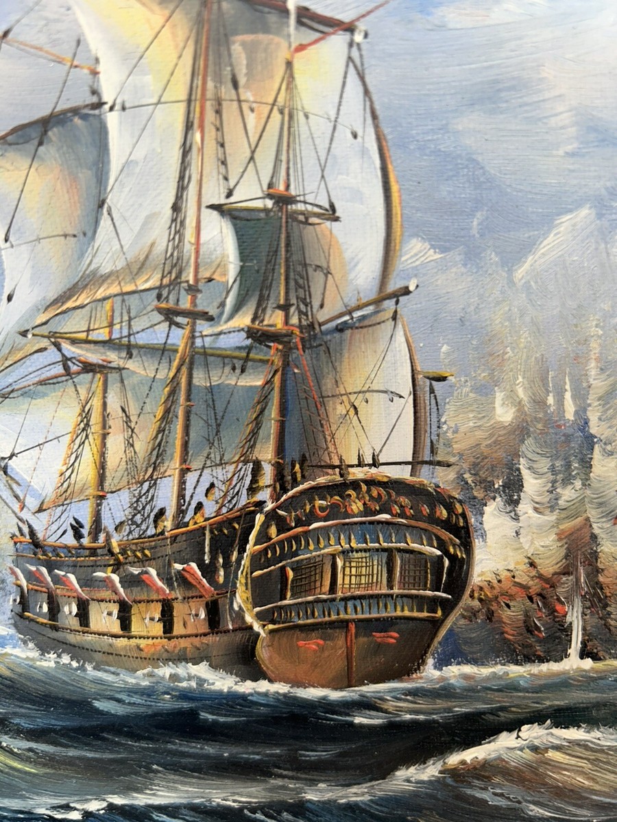 ORIGINAL Oil Painting signed By J. Harvey Maritime Naval Galleon