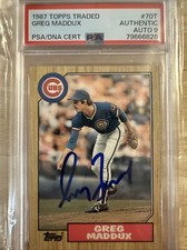 1987 Topps Traded Autographed Greg Maddux Rookie Card, Hard Signed. rookie card picture