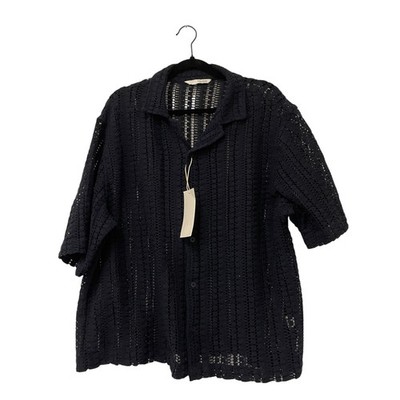 Zara Men Button Up Crochet Shirt Large Blue Short Sleeve Open Knit