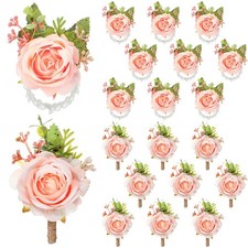 20 PCS Rose Corsage Boutonniere Set Pink Pearl Band Bridesmaid Bridal Wedding