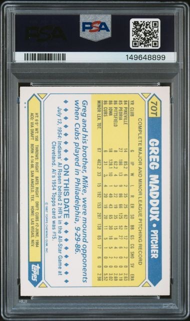 1987 Topps Traded Greg Maddux Rookie Baseball Card #70T PSA 10 Gem Mint view 2