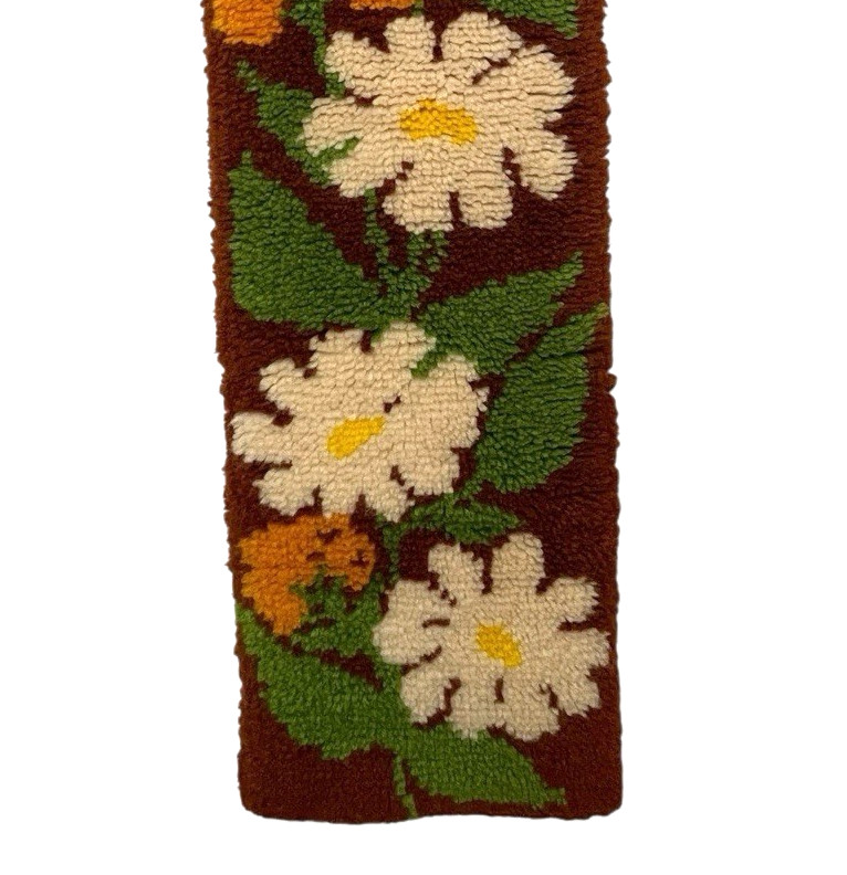 Groovy 70s Floral Latch Hook Rug Wallhanging Flower Power 12x47 in.