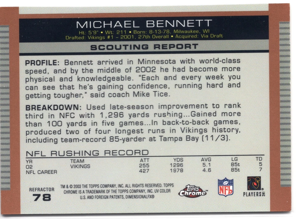 2003 Topps Draft Picks & Prospects - REFRACTOR Michael Bennett #78 VIKINGS - Image 2 of 2