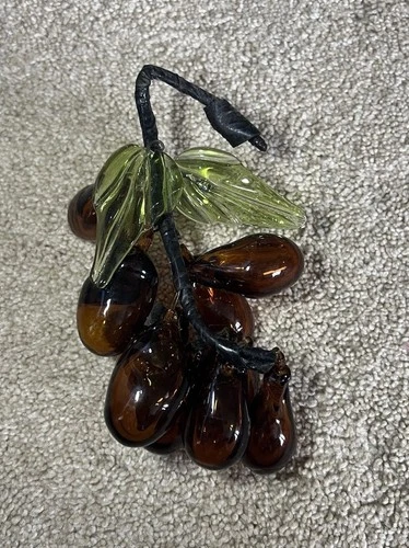 Vintage Blown Glass Brown Grapes Cluster on Stem with Green Leaf