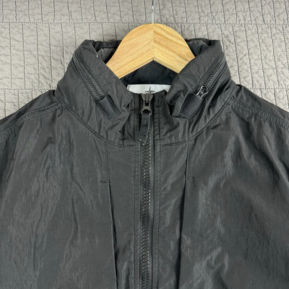 Stone Island Nylon Metal Flock Jacket Men's Medium Black Full Zip Hidden Hood - Image 3 of 4