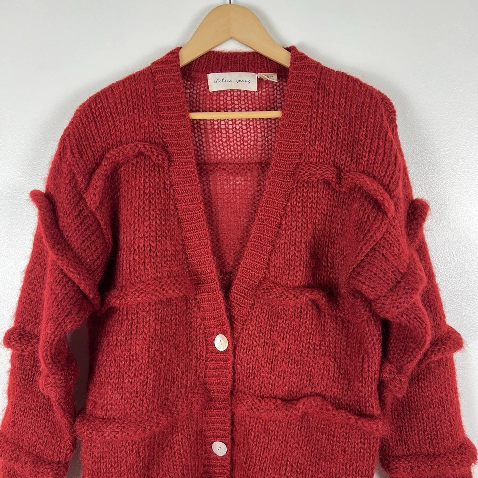 Vintage 90s Chelsea Young Red Chunky Knit Mohair Cardigan Sweater Sz S Oversized - Image 2 of 4