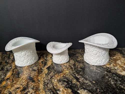 Vintage Fenton Daisy & Button White Milk Glass Top Hat Vases Planters
