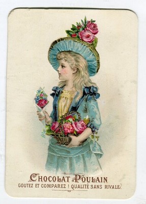 GlanzbilderOblaten scraps Prägekarte Mädchen Blumen Rosen Poulain 10,8 cm