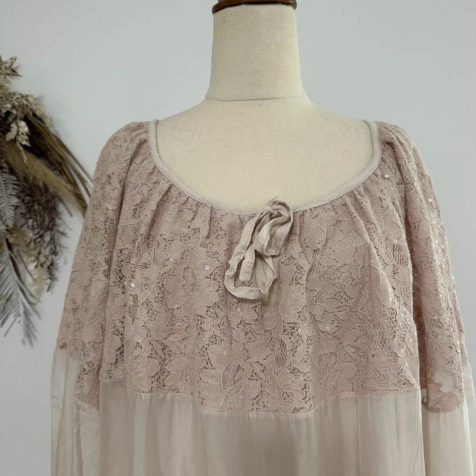 Imagine Silk Overlay Top Lace Pink Balloon Sleeve ONE SIZE Boho - image 4 of 4