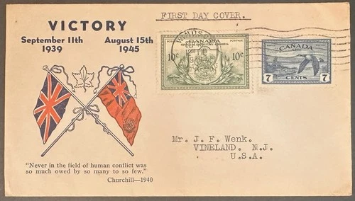 Canada #C9,#E11 FDC 1946 on WWII patriotic cover to US; bird, flags *d