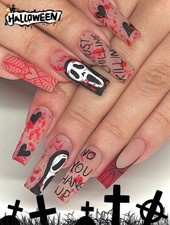 Scream Press On Nails Coffin Long Shape   Halloween  Valentine Theme Fake Nails