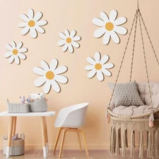 Thyle 6 Pcs Daisy Wall Decor Wooden Daisy Wall Art White Flowers Wall Signs H...