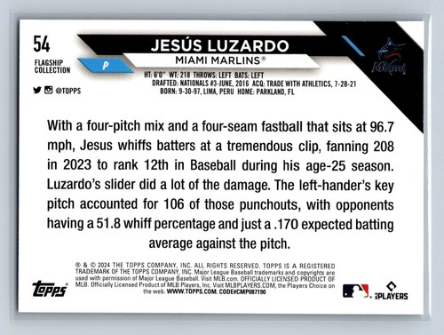 JESUS LUZARDO 2024 Topps Flagship Collection #54 Miami Marlins - Picture 2 of 2