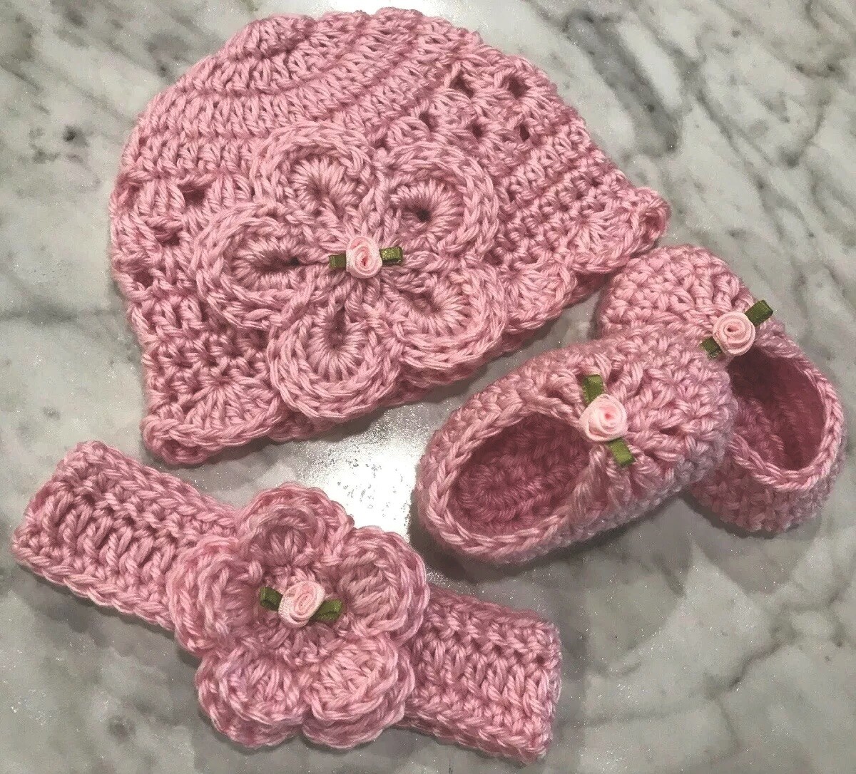 Handmade Crochet Baby Newborn 0 3 month Hat Headband Shoes Pink Set eBay