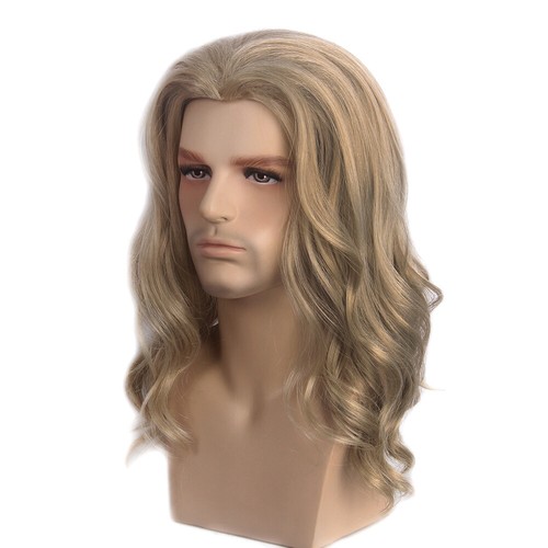 Men Long Curly Wave Wig Toupee Cosplay Hair Ombre Ash Brown