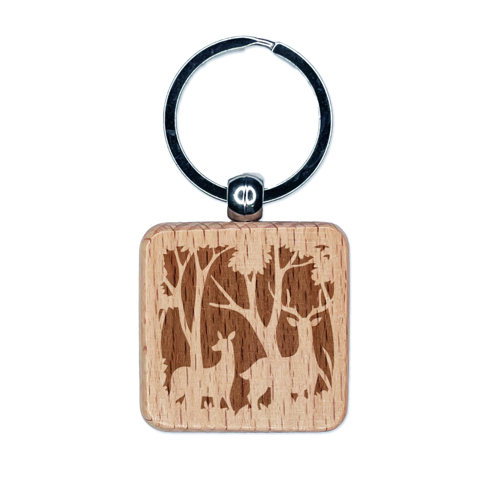 Par de Silueta de Ciervo en Bosque Grabado Madera Cuadrado Llavero Etiqueta Dije