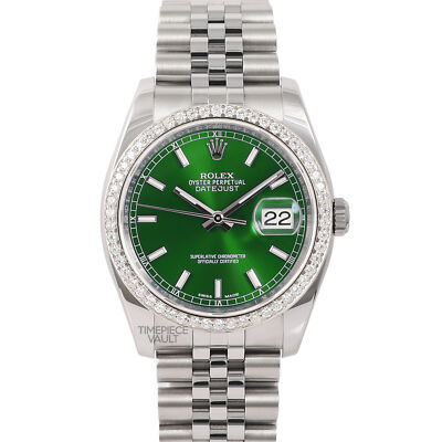 ROLEX MENS DATEJUST 116234 S/STEEL 36MM WATCH GREEN STICK DIAL 18K DIAMOND BEZEL