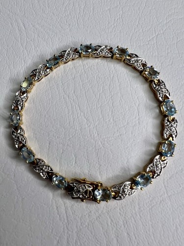 Vintage Blue Topaz Diamond Gold Tone 925 Sterling Silver Tennis Bracelet 7.5” - Picture 4 of 7