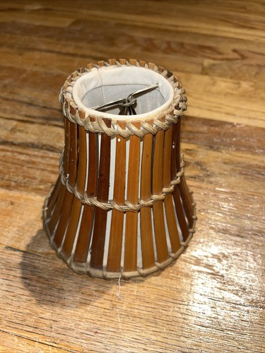 Small Vintage Bamboo Rattan Slat Metal Frame Fabric Lined Lamp Shade Clip On Mul - Picture 2 of 5
