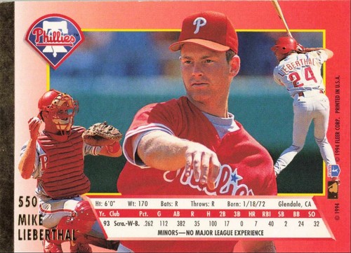 1994 Fleer Ultra Rookie Card Mike Lieberthal Philadelphia Phillies #550 - Picture 2 of 2