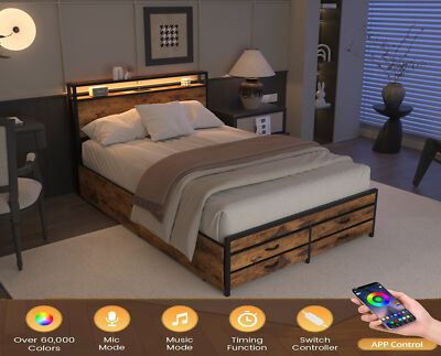 Full Size Bed Frame with 8 Storage Drawers, LED Headboard with Charging Station