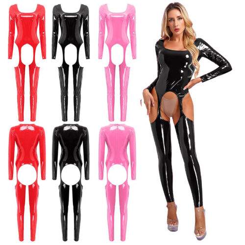 US Woman's Leather Latex Full Jumpsuit Catsuit Bodysuit Bodycon Lingerie Romper - Bild 1 von 107