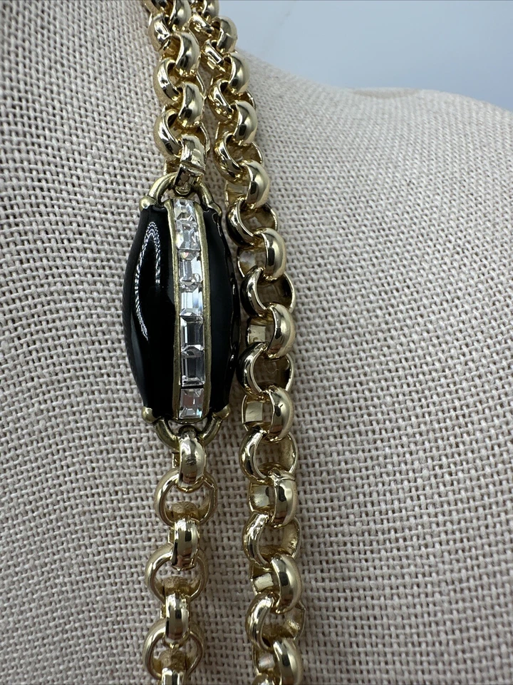 Heidi Daus Long Gold Tone Black Enamel Clear Crystal Chain Necklace - Image 4 of 4