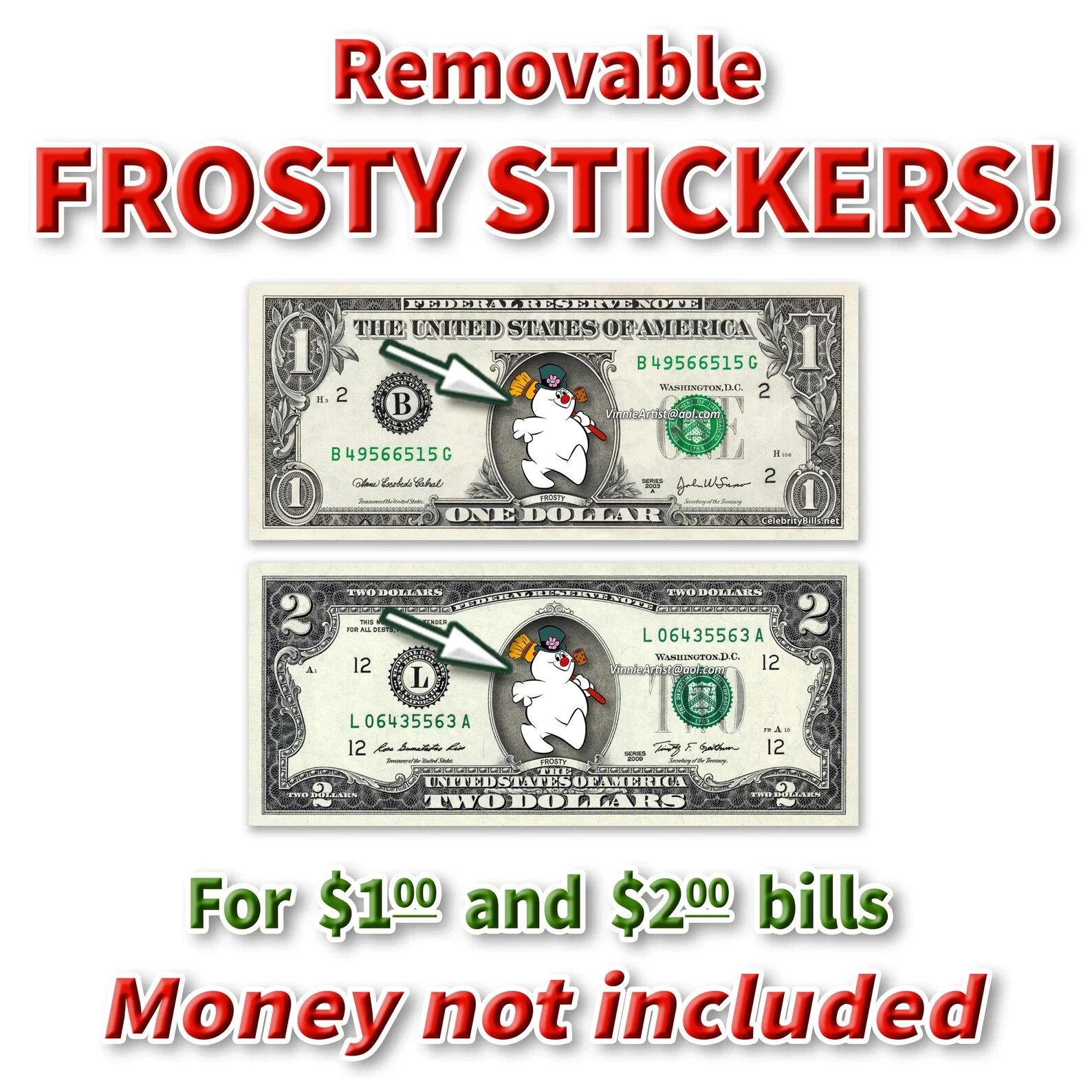 Frosty the Snowman Money Stickers for One and Two Dollar Bill Gift Christmas