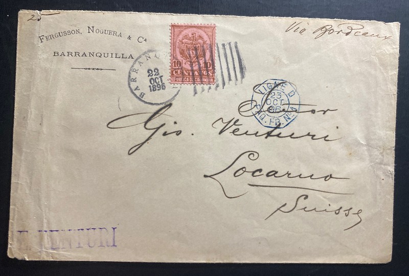 1896 Barranquilla Colombia Commercial Cover To Locarno Switzerland Via Bordeaux