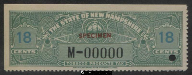 tobacco new hampshire NEW HAMPSHIRE Tobacco Revenue NH T26S red SPECIMEN ovpt., security punch,  VF s/e
