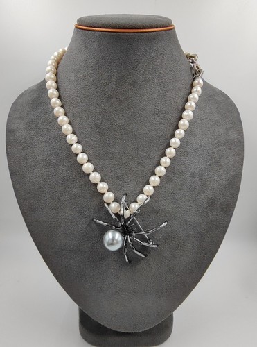 Genuine Natural 8mm White Seawater Pearl Necklace Chain Brooch Set Spider Silver - Picture 12 of 18