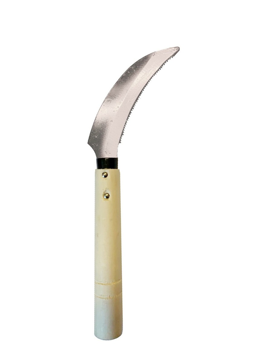 Image of A sickle grass cutter with curved blade and wooden hook