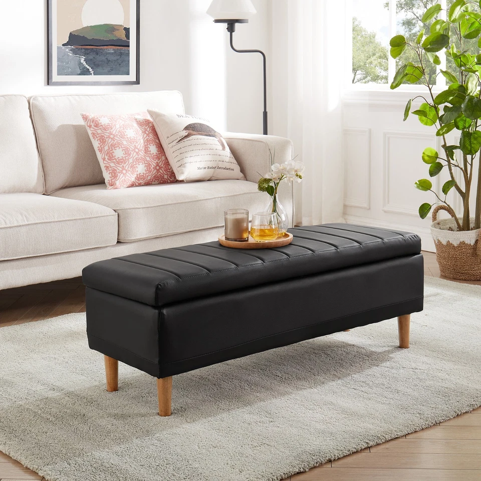 PU Storage Ottoman Bench 44" Shoe Stool 6.1" Deep Storage Space Bedroom Entryway - Image 2 of 2