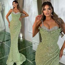 Light Green Sequins Mermaid Evening Dresses Spaghetti Beads Collar Party Prom